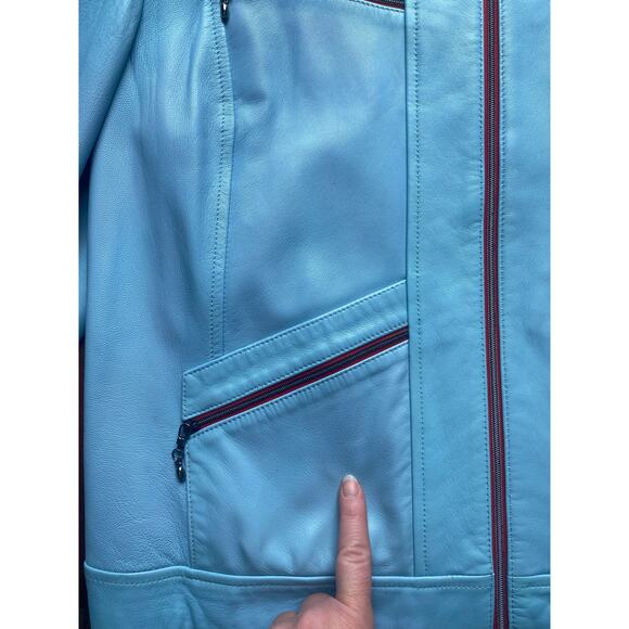 Y2K St. John Sport By Marie Gray Blue Leather Jacket w/ Red Trim Accents/Lining - Picture 15 of 16